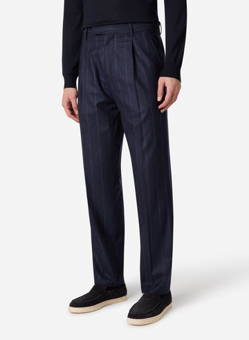 WOOL SILK CASHMERE PINSTRIPE SINGLE PLEAT PANT