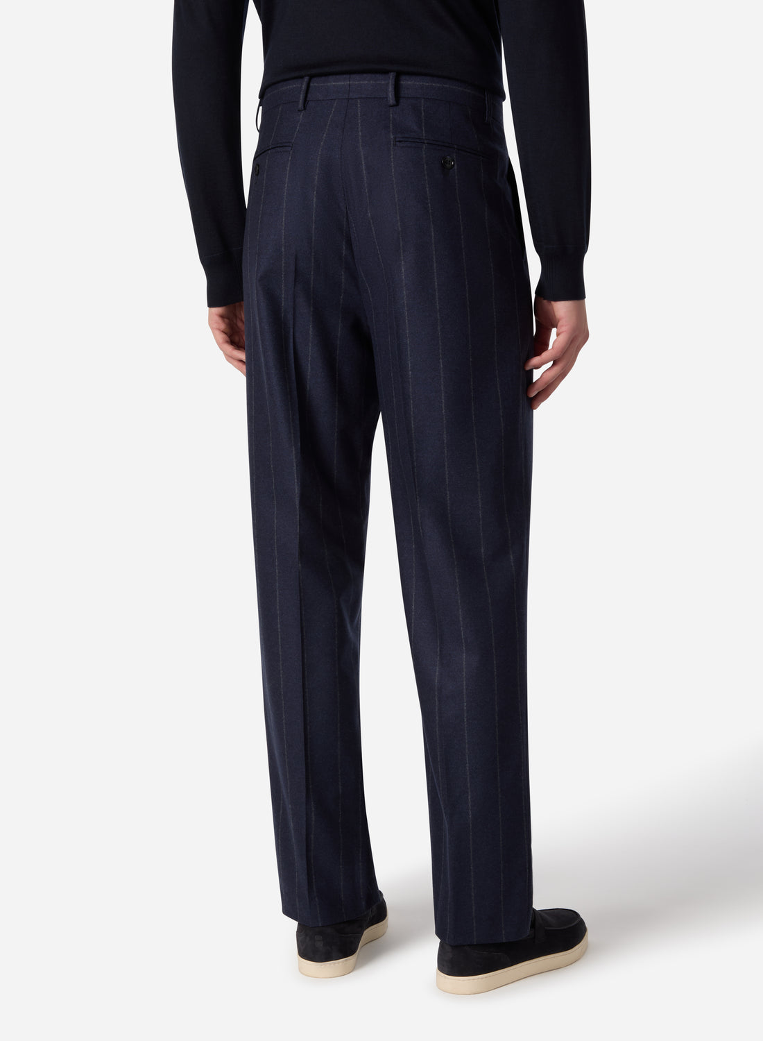 WOOL SILK CASHMERE PINSTRIPE SINGLE PLEAT PANT