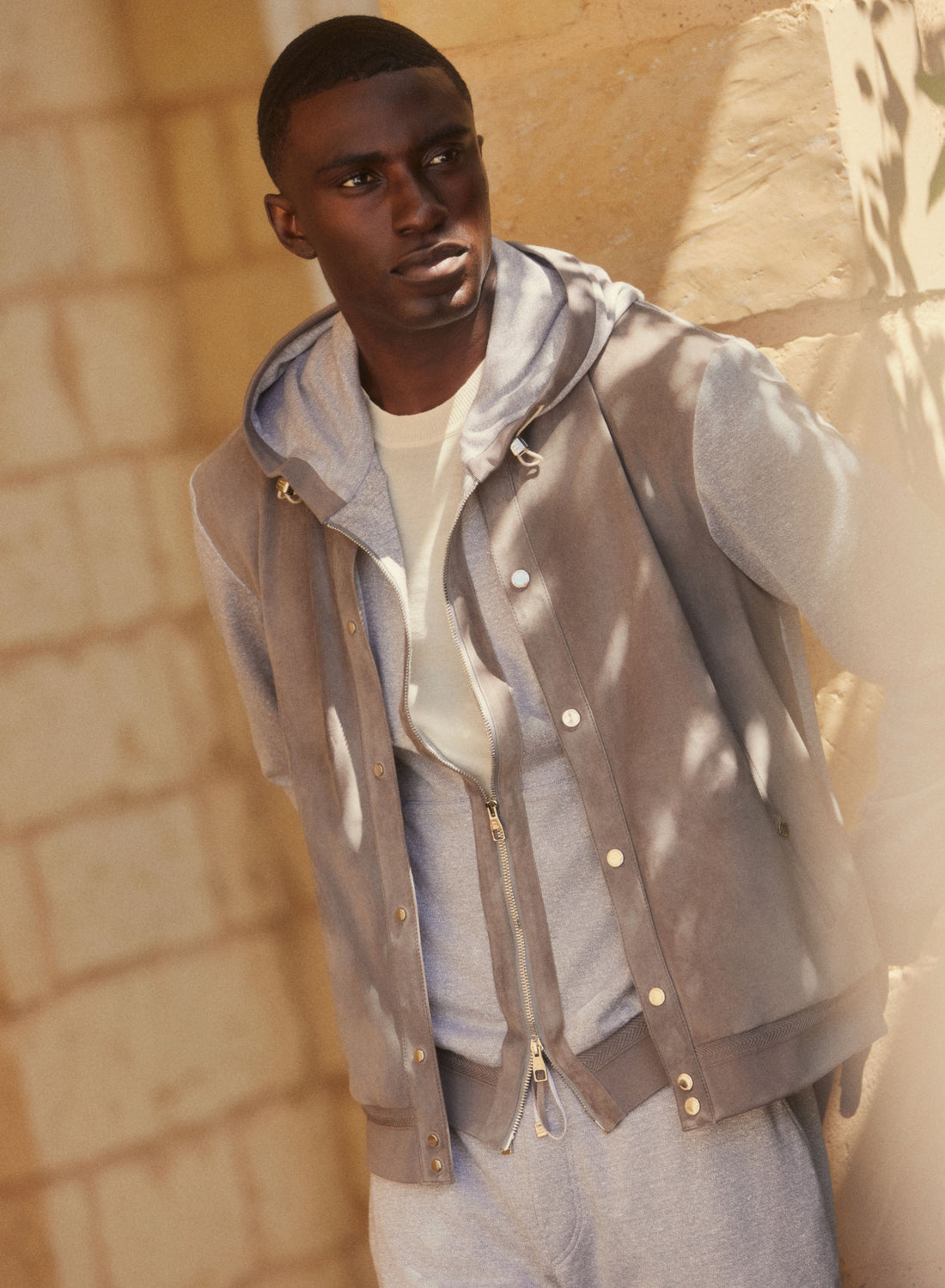 Brett Johnson LINEN SILK COTTON HOODIE WITH SUEDE DETAILS