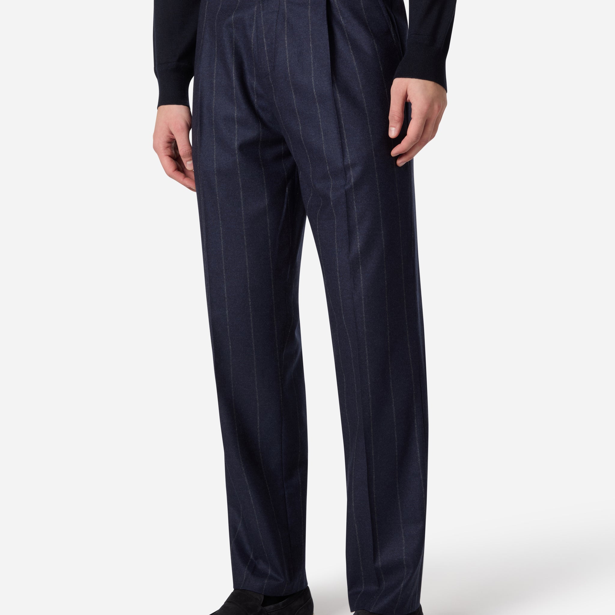 WOOL SILK CASHMERE PINSTRIPE SINGLE PLEAT PANT