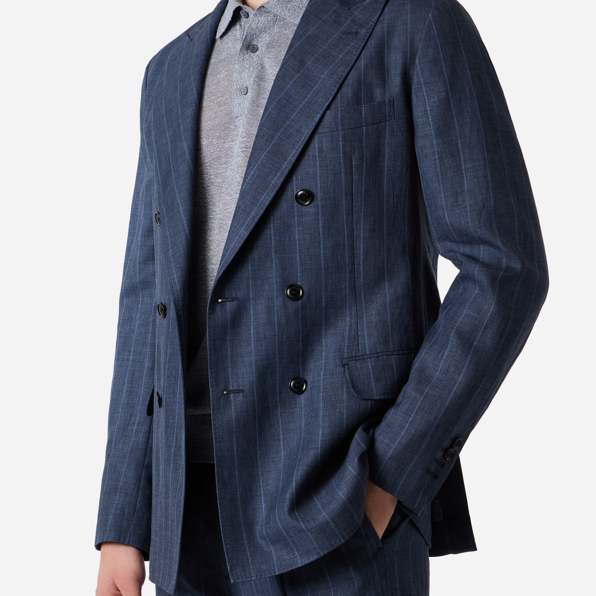 WOOL LINEN SILK DOUBLE BREAST PINSTRIPE BLAZER