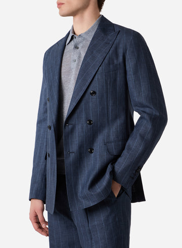 WOOL LINEN SILK DOUBLE BREAST PINSTRIPE BLAZER