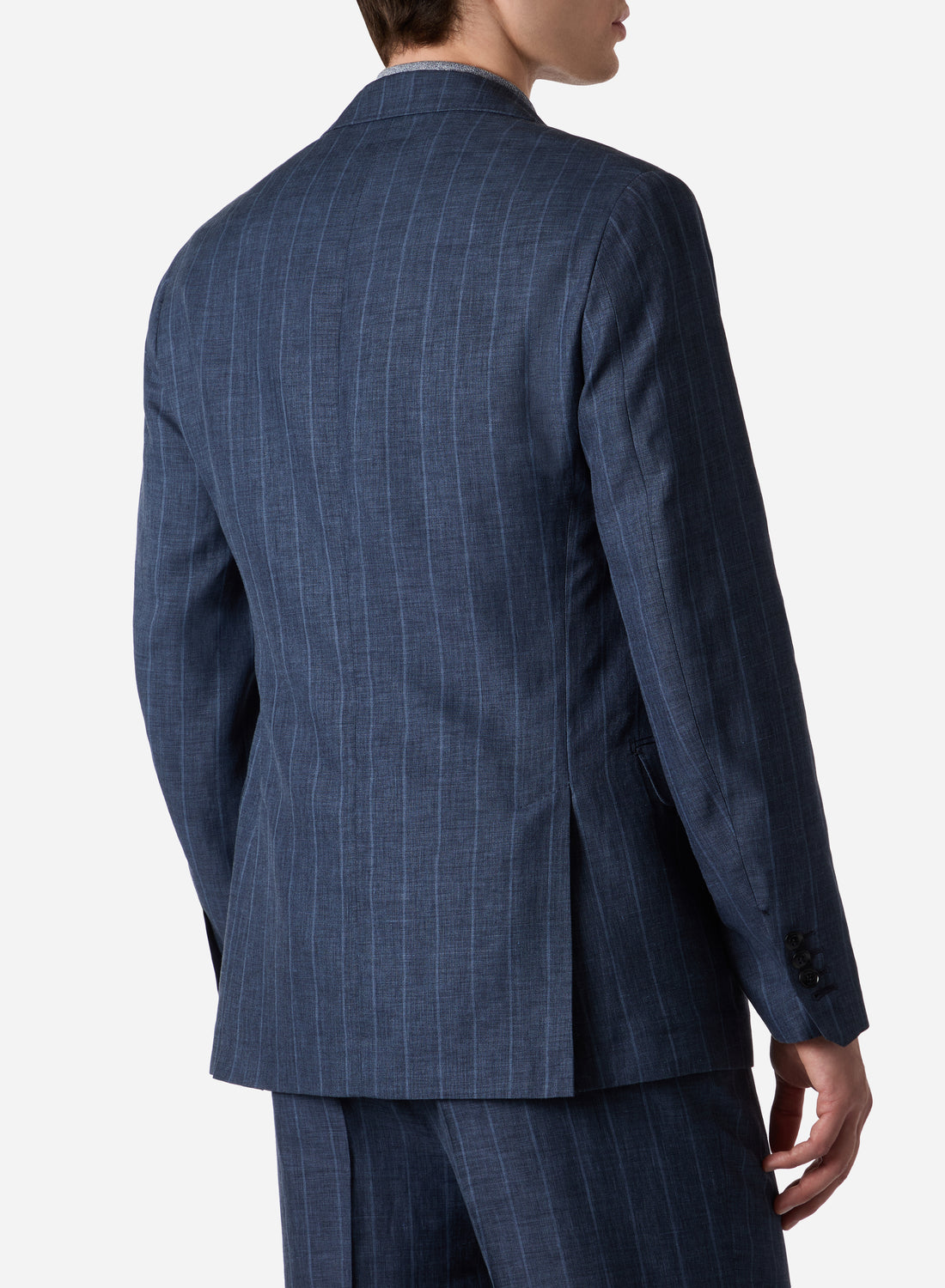 WOOL LINEN SILK DOUBLE BREAST PINSTRIPE BLAZER