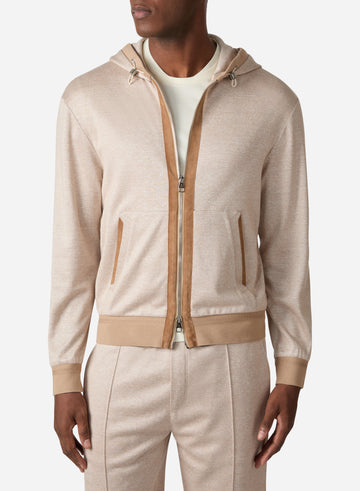 LINEN SILK COTTON HOODIE WITH SUEDE DETAILS