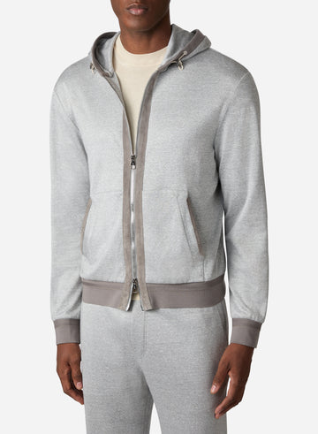 LINEN SILK COTTON HOODIE WITH SUEDE DETAILS