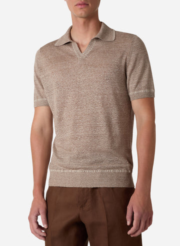 LINEN AND SILK SHORT SLEEVES V NECK POLO