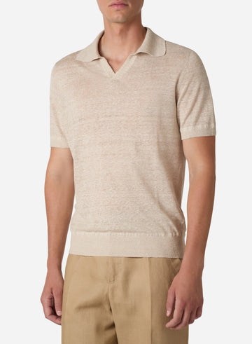 LINEN AND SILK SHORT SLEEVES V NECK POLO