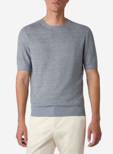 LINEN AND SILK SHORT SLEEVES HERRINGBONE T-SHIRT