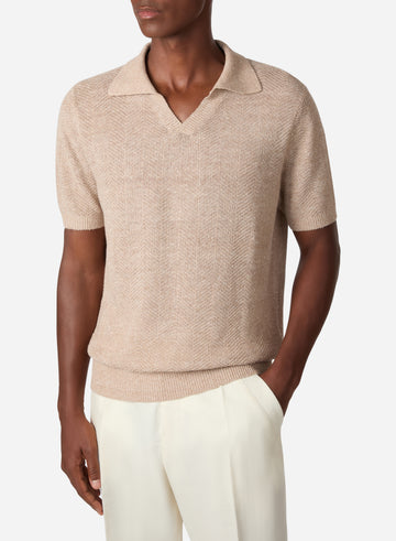 LINEN AND SILK SHORT SLEEVES HERRINGBONE V NECK POLO