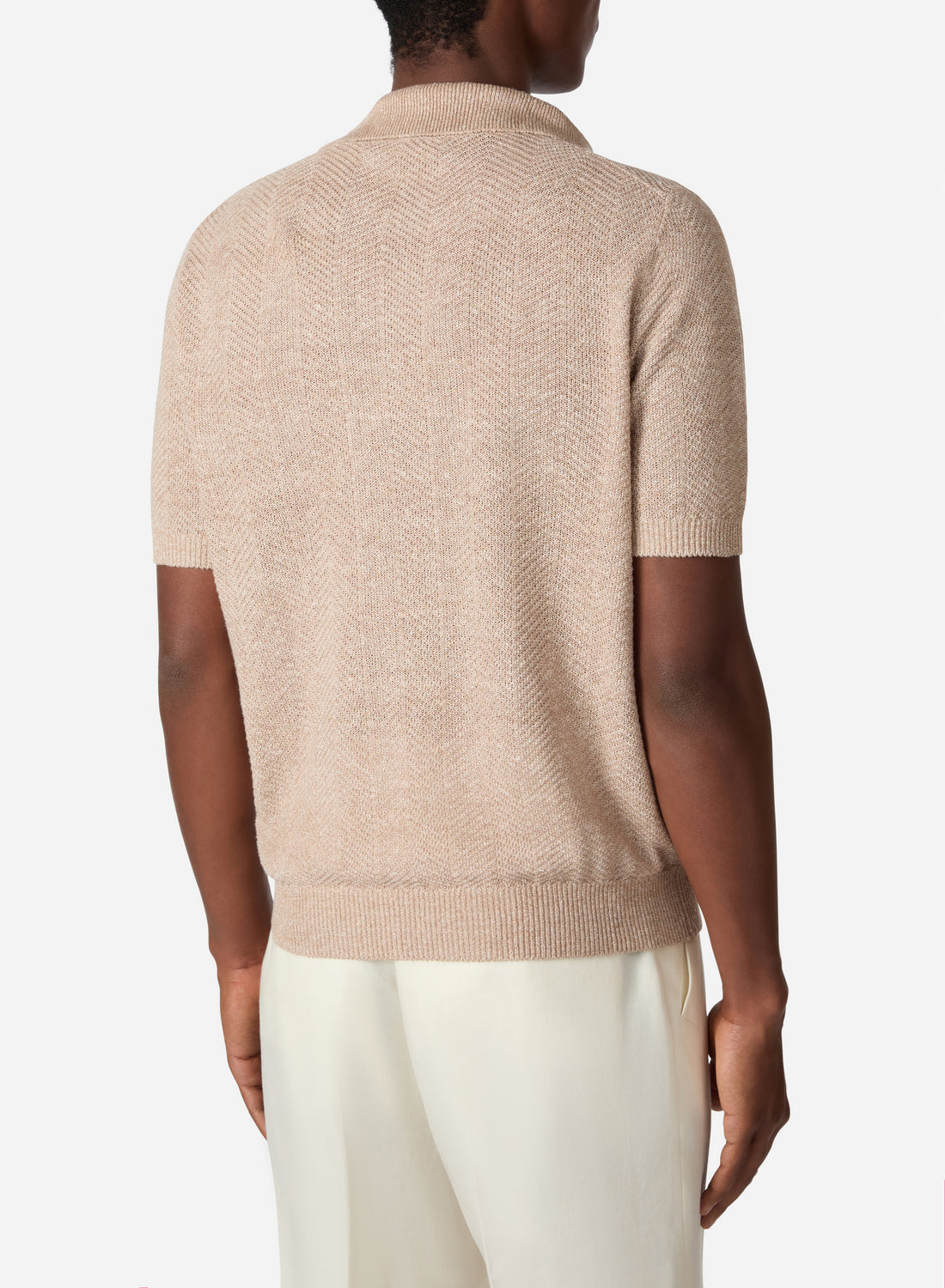 LINEN AND SILK SHORT SLEEVES HERRINGBONE V NECK POLO