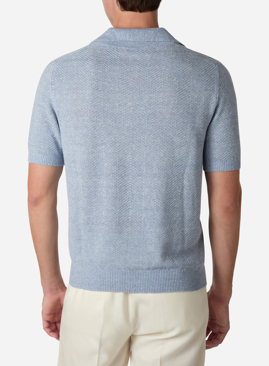 LINEN AND SILK SHORT SLEEVES HERRINGBONE V NECK POLO